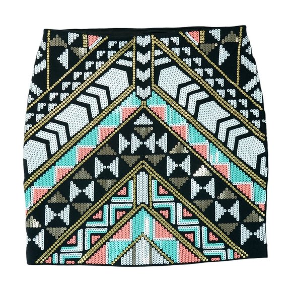 Express Womens Mini Skirt Sequin Tribal Print Geometric Aztec Pink Green Black S - Picture 1 of 3